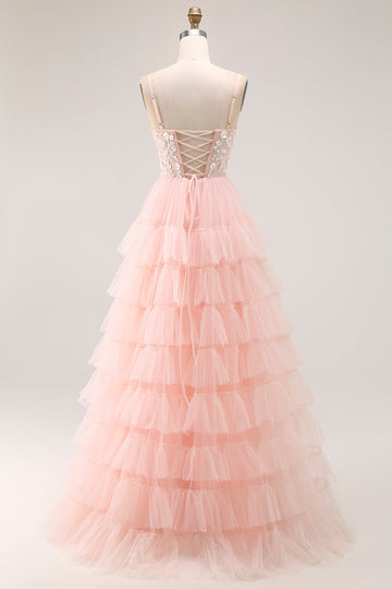 Blush A Line Corset Sequins Tiered Ruffle Long Prom Dress with Appliques